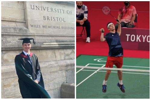 Left: Paralympian Dan Bethell on the day of his University of Bristol Law School master's graduation ceremony. Right: Dan at the Paralympics